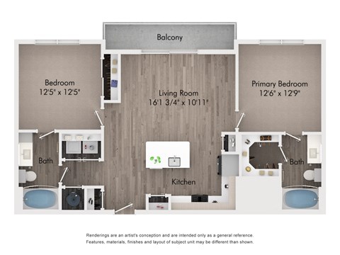 Floor plan for 2 beds, 2 baths, 987 sqft